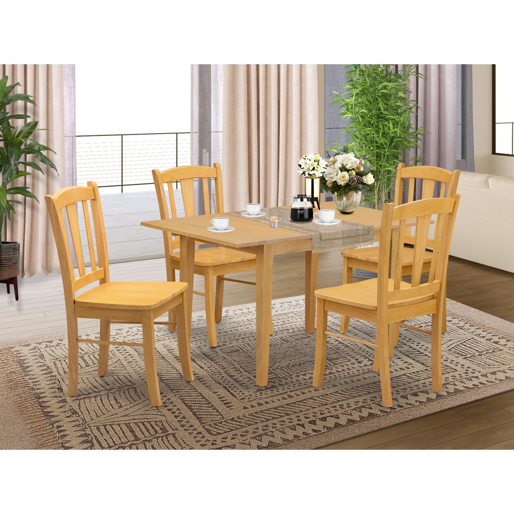 NFDL5-OAK-W - 5-Piece Kitchen Dining Room Set- 4 Dining Chair with Wooden Seat and Slatted Chair Back - Butterfly Leaf Modern Kitchen Table - Oak Finish. Picture 1