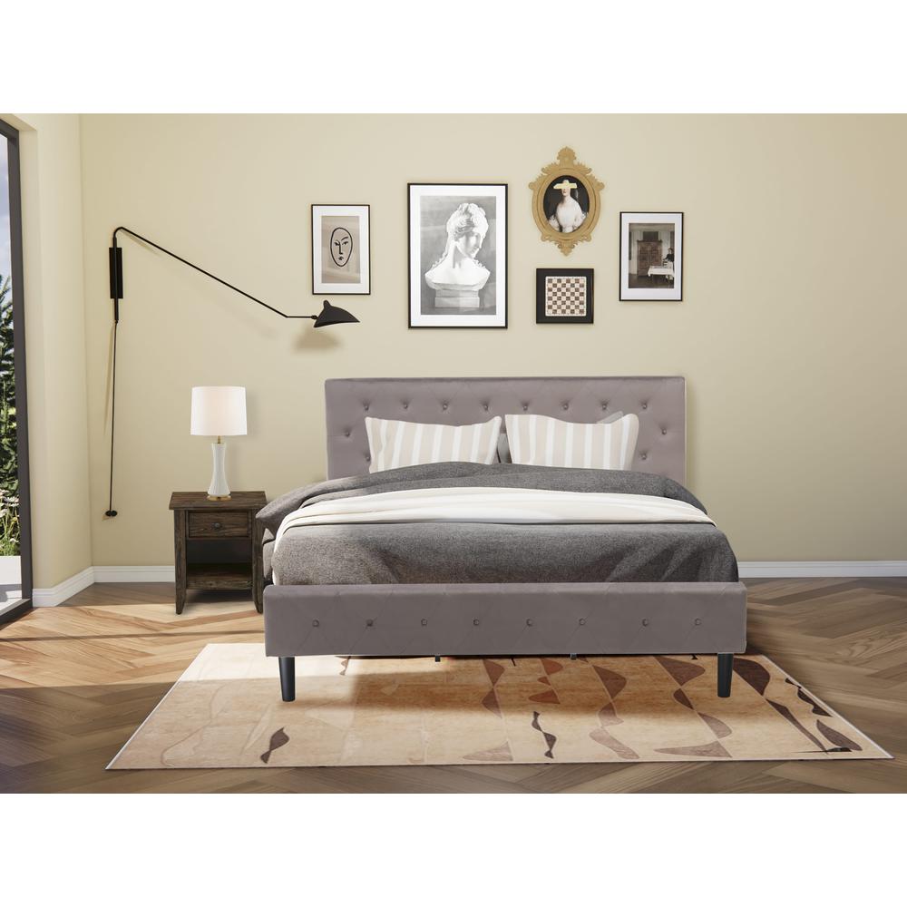 NL14K-1GA07 2 Pc Bed Set - 1 Bed Brown Taupe Velvet Fabric Headboard and 1 Wood Nightstand - Distressed Jacobean Finish Nightstand. The main picture.