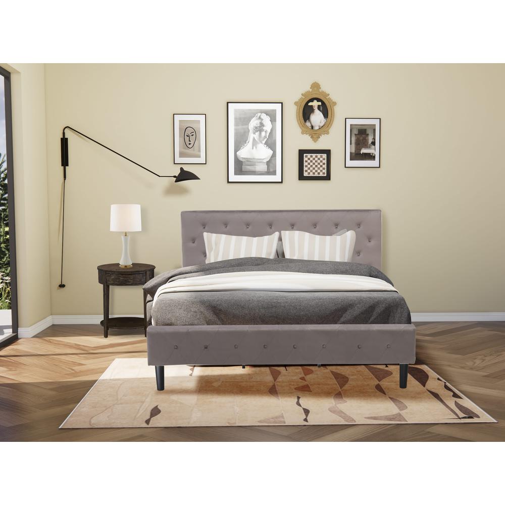 NL14K-1HI07 2 Piece Bed Set - 1 Bed Brown Taupe Velvet Fabric Headboard and 1 Night Stand - Distressed Jacobean Finish Nightstand. Picture 1