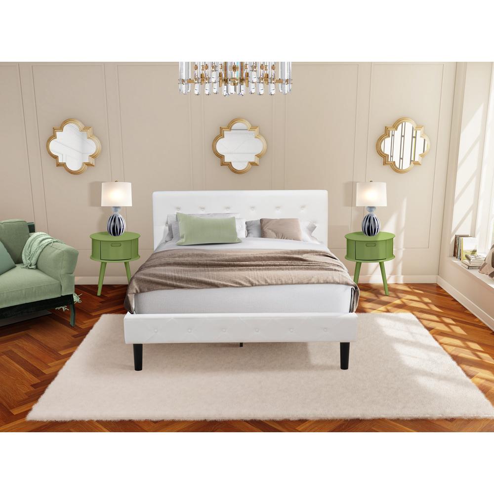 NL19Q-2GO12 3 Piece Bed Set - 1 Wood Bed Frame White Velvet Fabric Headboard and 2 Night Stand - Clover Green Finish Nightstand. Picture 1