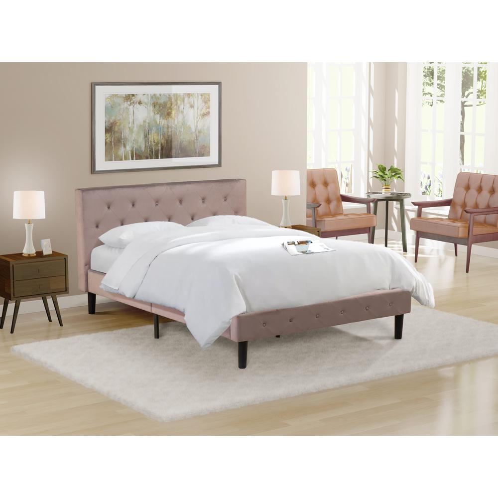 NLF-14-Q Nolan Platform Bed Frame-Button Tufted Brown Taupe Velvet Fabric Upholstery Headboard & Footboard, Black Legs, Queen Size. Picture 1
