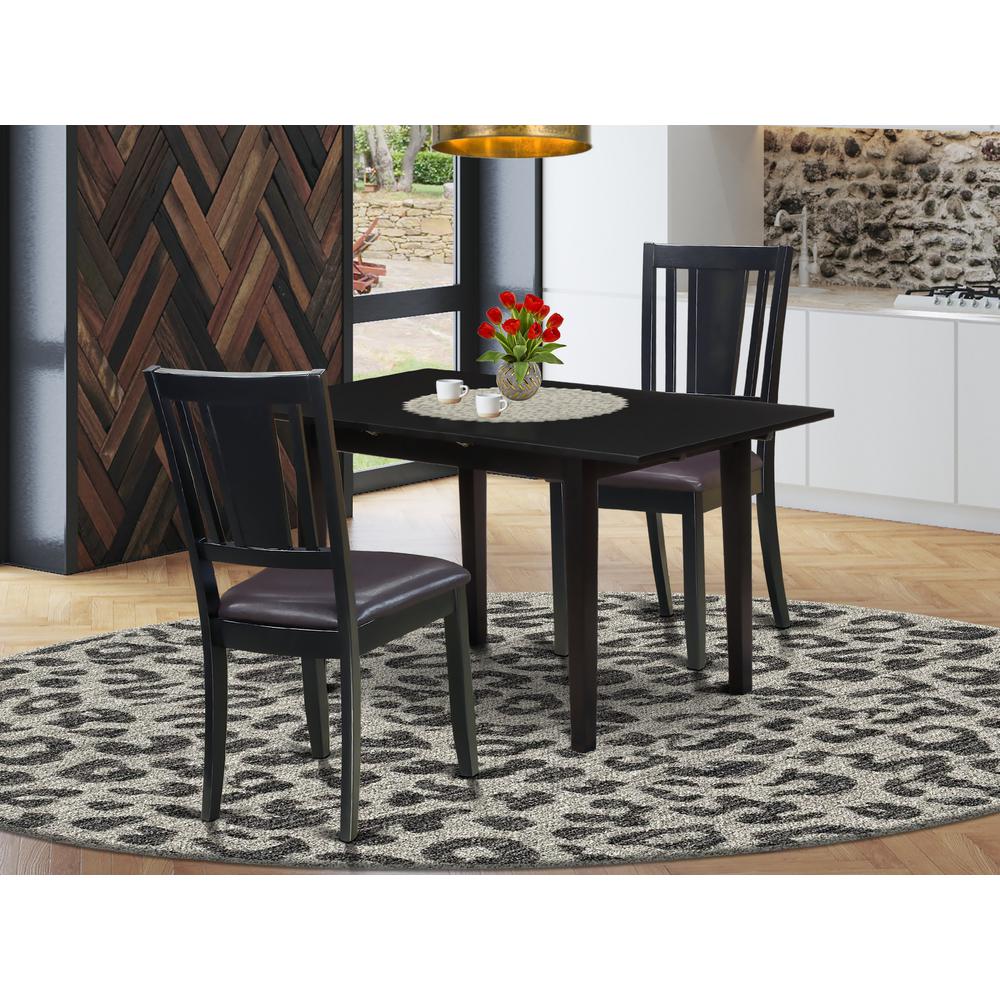 East West Furniture NODU3-BLK-LC 3-Pc Rectangular Dining Table Set 2 Wooden Dining Chairs with Panel Back and A Faux Leather Seat and Small Butterfly Leaf Rectangular Dining Table with Rectangular Top. Picture 1