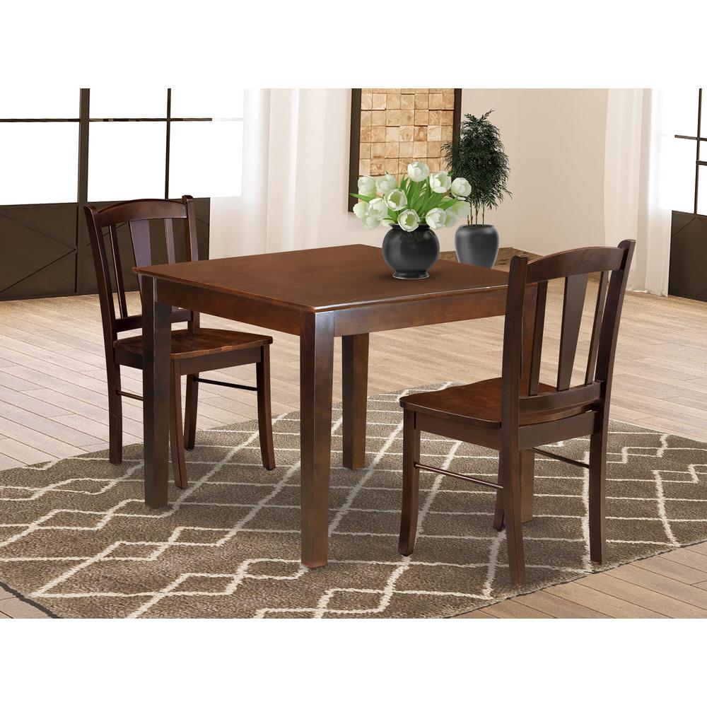 OXDL3-MAH-W - 3-Pc Dining Room Table Set- 2 Wooden Chair and Kitchen Dining Table - Wooden Seat and Slatted Chair Back - Mahogany Finish. Picture 1