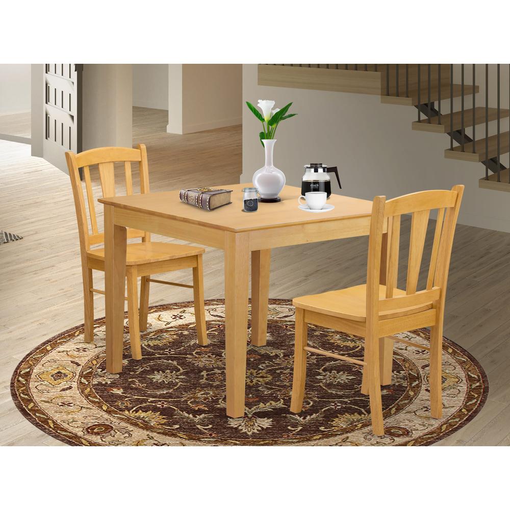 OXDL3-OAK-W - 3-Piece Kitchen Dining Set- 2 Kitchen Chairs and Modern dining room table - Wooden Seat and Slatted Chair Back - Oak Finish. Picture 1