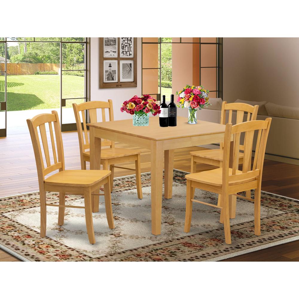OXDL5-OAK-W - 5-Piece Dining Room Table Set- 4 Wooden Chair and Wood Dining Table - Wooden Seat and Slatted Chair Back - Oak Finish. Picture 1