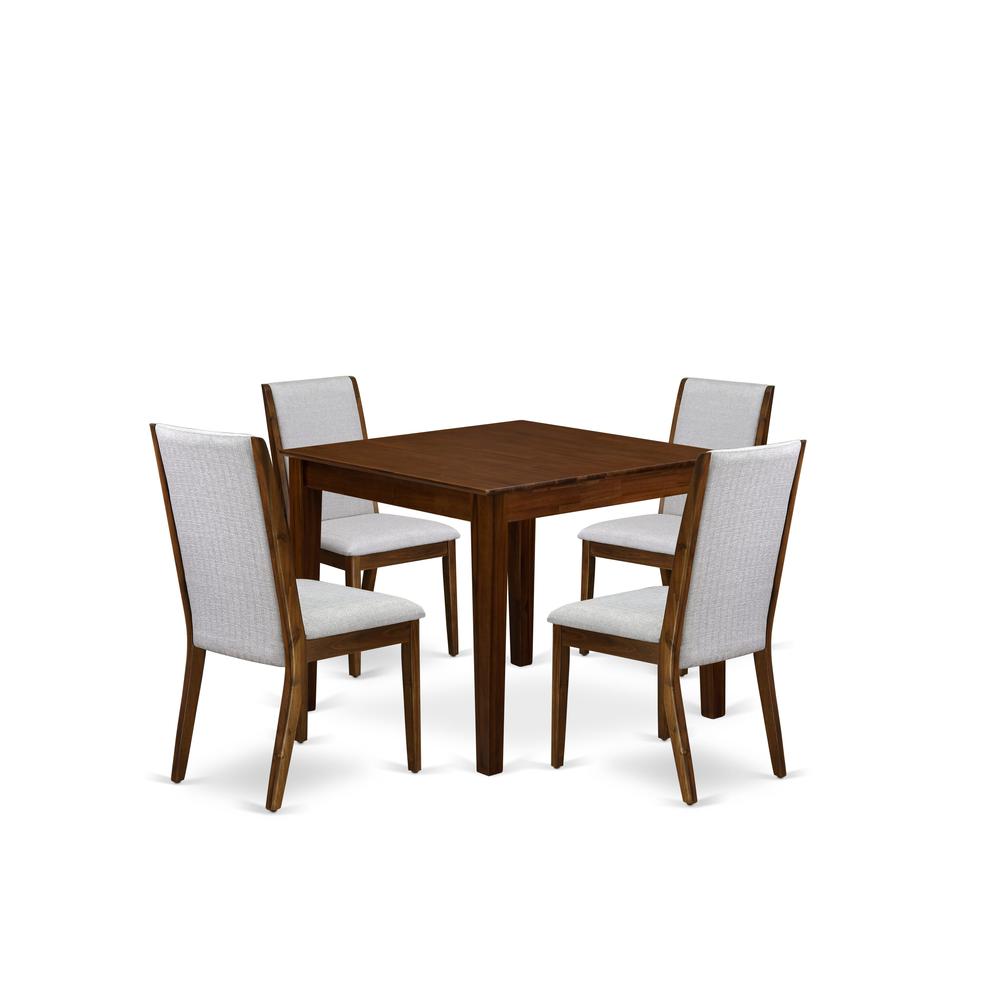 5 Pc Dining Set Includes a Square Table and 4 Parson Chairs, Antique Walnut. Picture 6