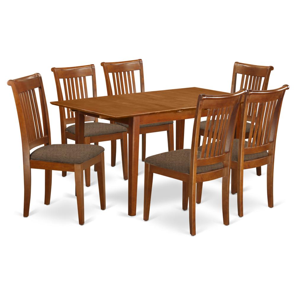 7  Pc  set  Rectangular  Kitchen  Table  featuring  12"  Leaf  and  6Upholstered  Kitchen  Chairs  in  Saddle  Brown. Picture 1