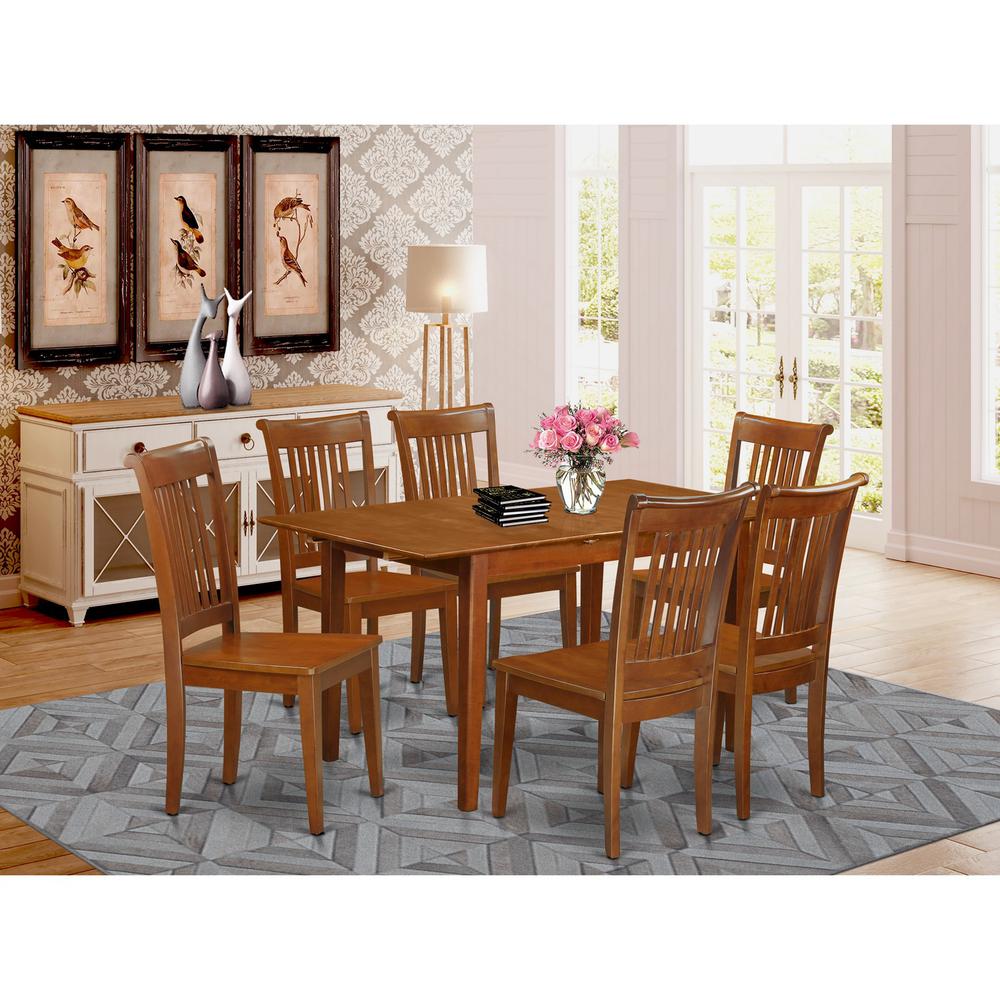 7  Pc  set  Rectangular  Kitchen  Table  having  12"  Leaf  and  6  Wood  Dinette  Chairs  in  Saddle  Brown. Picture 1