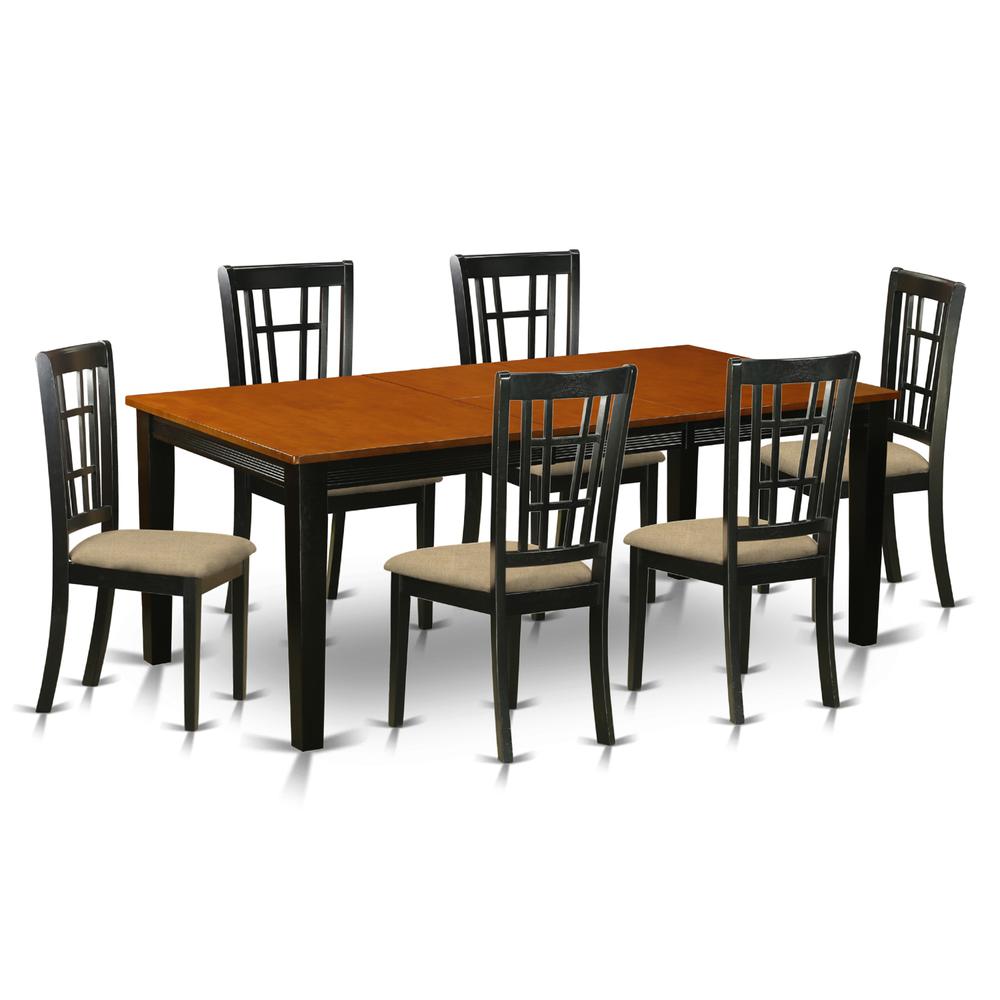 QUNI7-BCH-C 7 PC Dining set-Dining Table with 6 Wood Dining Chairs. Picture 1