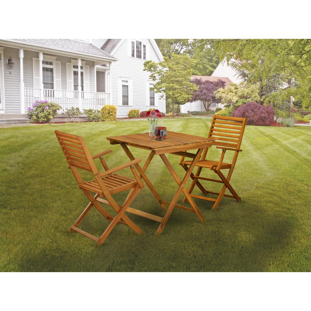 East West Furniture 3-Piece Outdoor Dining Table Set Includes a Foldable Dining Table and 2 Outdoor Arm Chairs Perfect for Garden, Terrace, Bistro, and Porch - Natural Oil Finish. Picture 1