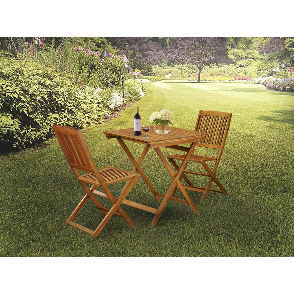 East West Furniture 3-Pc Outdoor Patio Set Consists of a Wooden Folding Table and 2 Folding Camping Chairs Ideal for Garden, Terrace, Bistro, and Porch - Natural Oil Finish. Picture 1