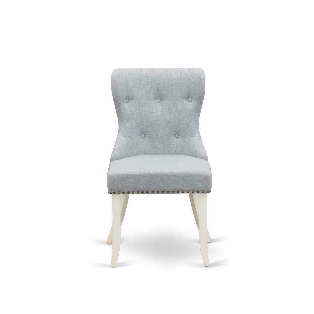 East West Furniture - Set of 2 - Parson Chairs- Dining Room Chair Includes Linen White Solid Wood Structure with Baby Blue Linen Fabric Seat with Nail Head and Button Tufted Back. Picture 2