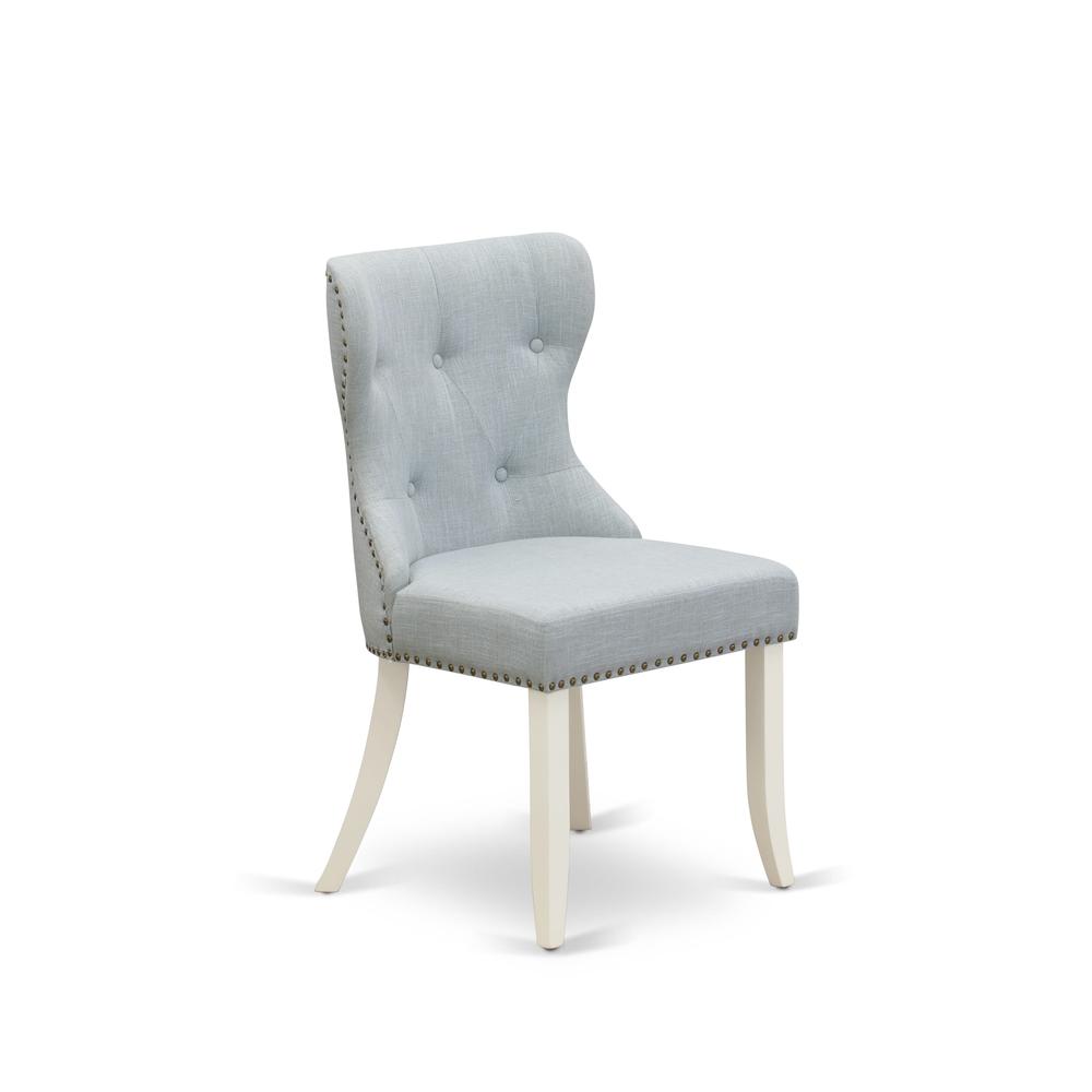 East West Furniture - Set of 2 - Parson Chairs- Dining Room Chair Includes Linen White Solid Wood Structure with Baby Blue Linen Fabric Seat with Nail Head and Button Tufted Back. Picture 3