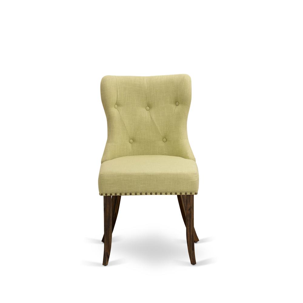 East West Furniture - Set of 2 - Parsons Chair- Upholstered Chair Includes Distressed Jacobean Wooden Structure with Limelight Linen Fabric Seat with Nail Head and Button Tufted Back. Picture 2