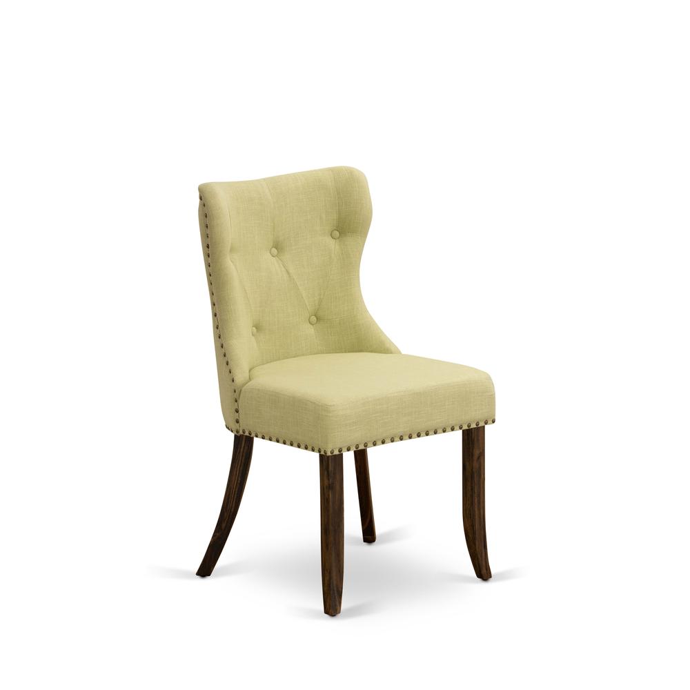 East West Furniture - Set of 2 - Parsons Chair- Upholstered Chair Includes Distressed Jacobean Wooden Structure with Limelight Linen Fabric Seat with Nail Head and Button Tufted Back. Picture 3