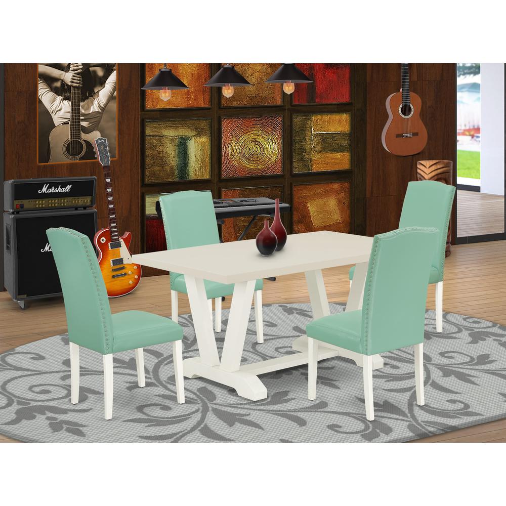 V026EN257-5 5 Pc Dining Room Set Contains a Linen White Dining Table and 4 Pond PU Leather Dining Chairs with High Back - Wire Brushed Linen White Finish. Picture 1