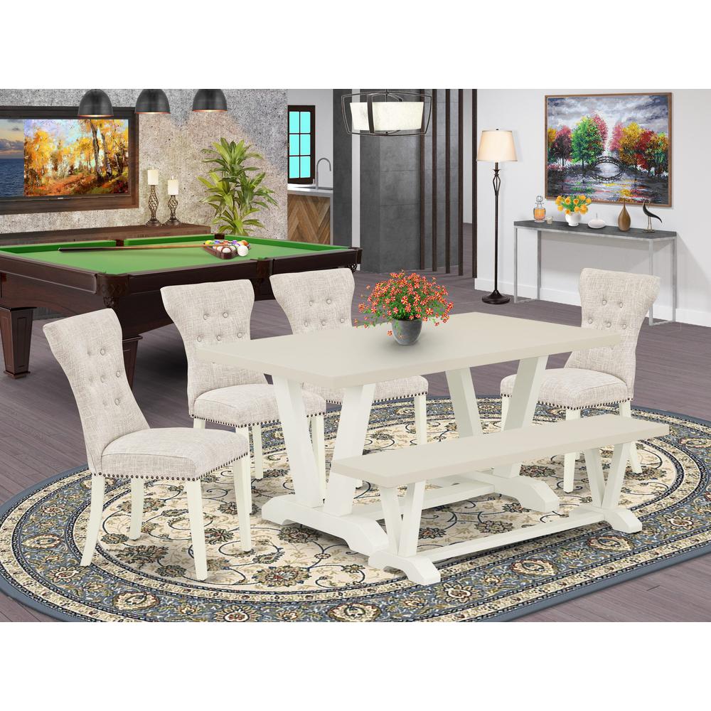 V026GA235-6 6-Piece Kitchen Dinette Set-Doeskin Linen Fabric Seat and Button Tufted Chair Back Parson dining room chairs, A Rectangular Bench and Rectangular top Kitchen Table with Wooden Legs - Linen. Picture 1