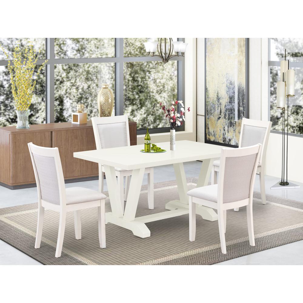 V026MZ001-5 5-Piece Table Set Contains a Rectangular Table and 4 Cream Parson Dining Chairs - Wire Brushed Linen White Finish. Picture 1
