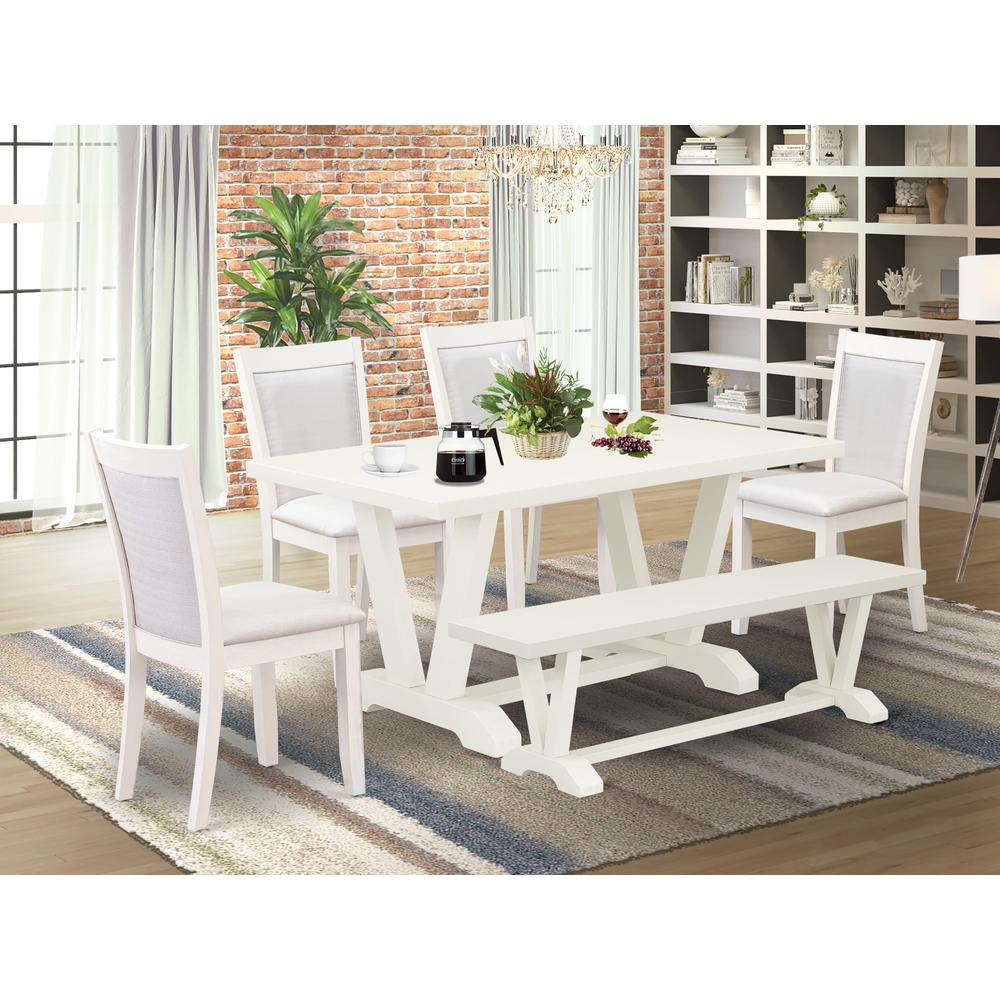 V026MZ001-6 6-Pc Table Set Contains a Dining Table - 4 Cream Dining Chairs and a Wood Bench - Wire Brushed Linen White Finish. Picture 1