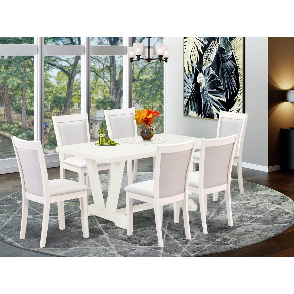 V026MZ001-7 7-Piece Kitchen Dining Table Set Contains a Wooden Table and 6 Cream Dining Chairs - Wire Brushed Linen White Finish. Picture 1