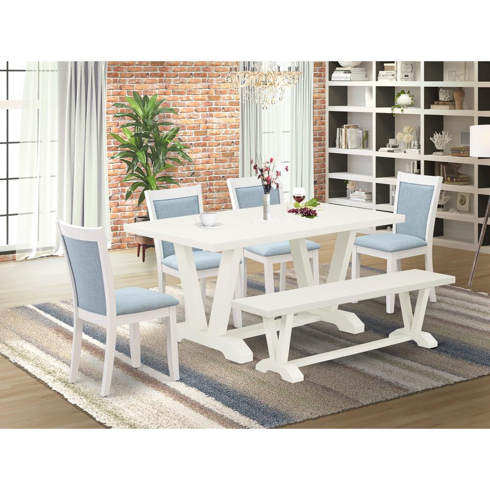 V026MZ015-6 6-Pc Table Set Contains a Wood Table - 4 Baby Blue Parson Chairs and a Small Bench - Wire Brushed Linen White Finish. Picture 1