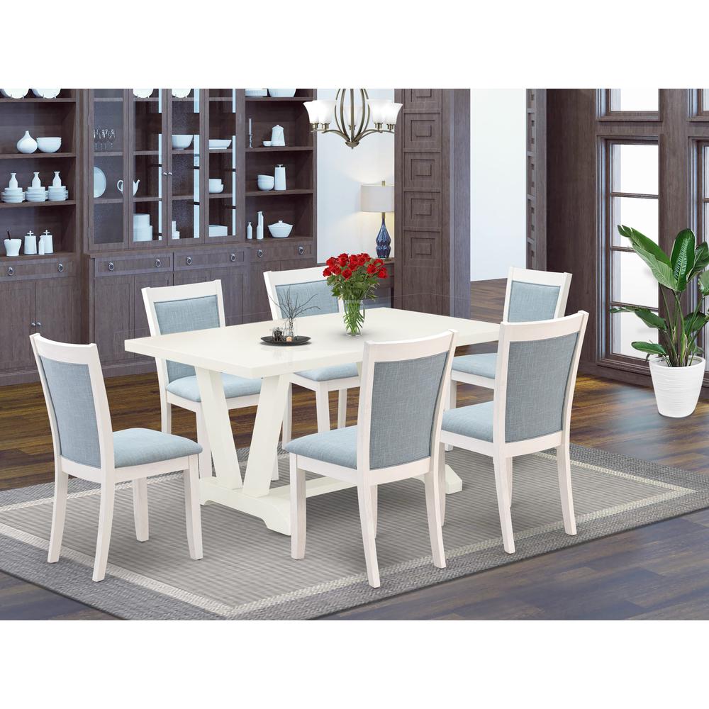 V026MZ015-7 7-Piece Modern Dining Set Contains a Dining Table and 6 Baby Blue Dining Chairs - Wire Brushed Linen White Finish. Picture 1
