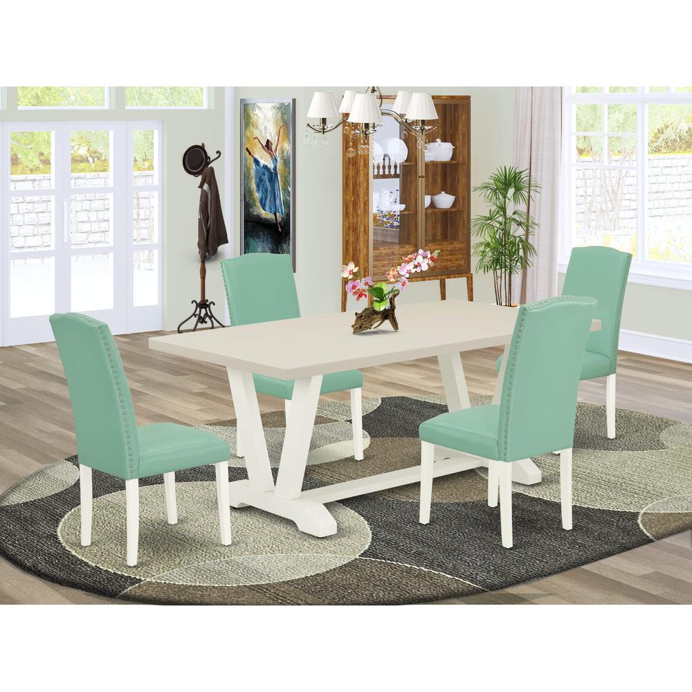 East West Furniture 5 Pc Mid Century Dining Set Consists of a Linen White Wood Table and 4 Pond PU Leather Upholstered Dining Chairs with High Back - Wire Brushed Linen White Finish. Picture 1