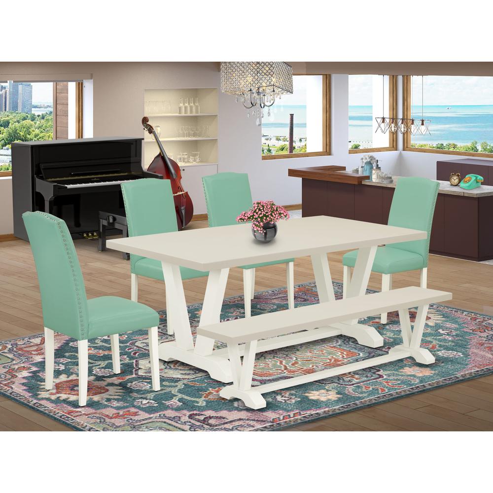 East West Furniture 6 Piece Table Set Consists of a Linen White Wooden Table and a Wooden Dining Bench, 4 Pond PU Leather Dinning Chairs with High Back - Wire Brushed Linen White Finish. Picture 1
