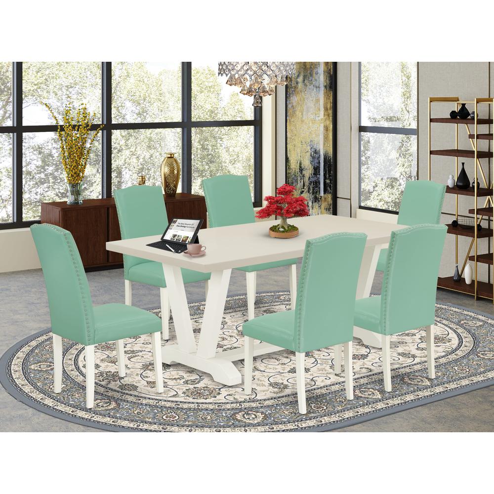 East West Furniture 7 Piece Mid Century Dining Set Contains a Linen White Rectangular Table and 6 Pond PU Leather Upholstered Chairs with High Back - Wire Brushed Linen White Finish. Picture 1