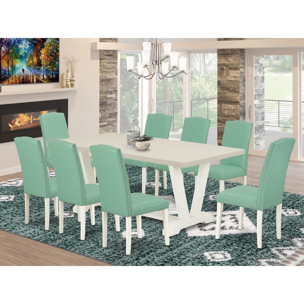 East West Furniture 9 Piece Kitchen Table Set Includes a Linen White Wooden Dining Table and 8 Pond PU Leather Dining Room Chairs with High Back - Wire Brushed Linen White Finish. Picture 1