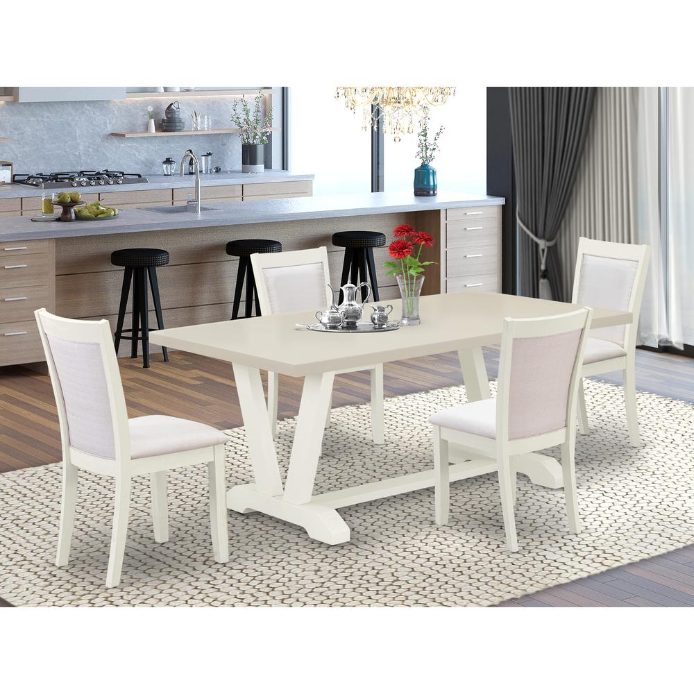 East West Furniture 5-Pc Modern Dining Set Includes a Mid Century Dining Table and 4 Cream Linen Fabric Upholstered Chairs with Stylish Back - Wire Brushed Linen White Finish. Picture 1