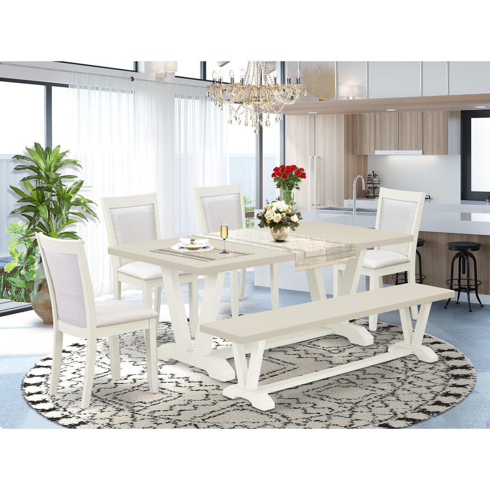 East West Furniture 6-Pc Modern Dining Set Includes a Dinner Table - 4 Cream Linen Fabric Padded Chairs with Stylish Back and a Dining Room Bench - Wire Brushed Linen White Finish. Picture 1