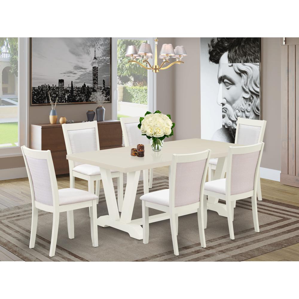 East West Furniture 7-Pc Dinner Table Set Includes a Modern Dining Table and 6 Cream Linen Fabric Dining Chairs with Stylish Back - Wire Brushed Linen White Finish. Picture 1