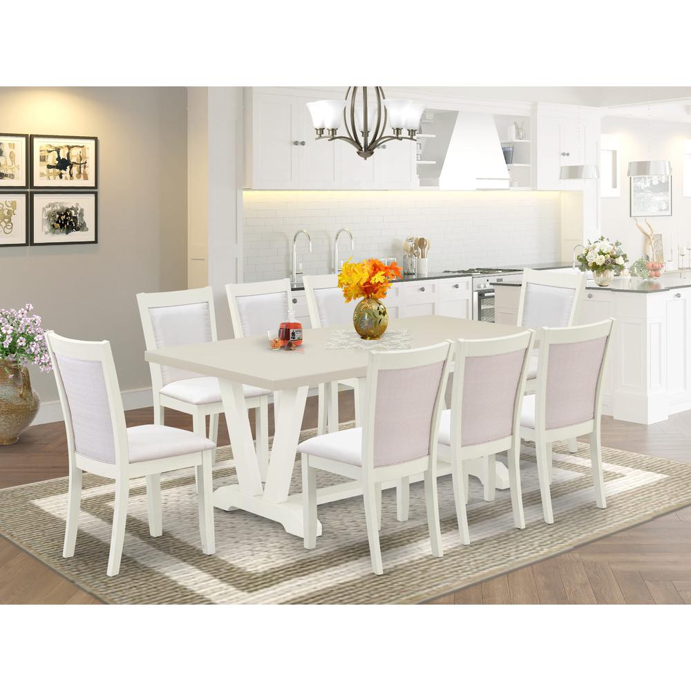 East West Furniture 9-Pc Dinette Set Includes a Wooden Table and 8 Cream Linen Fabric Dining Chairs with Stylish Back - Wire Brushed Linen White Finish. Picture 1