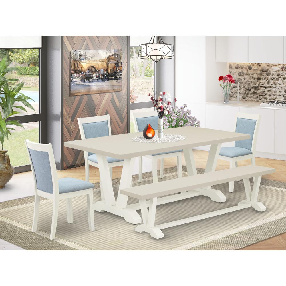 East West Furniture 6-Pc Table Set Includes a Wood Dining Table - 4 Baby Blue Linen Fabric Upholstered Chairs with Stylish Back and a Wood Bench - Wire Brushed Linen White Finish. Picture 1