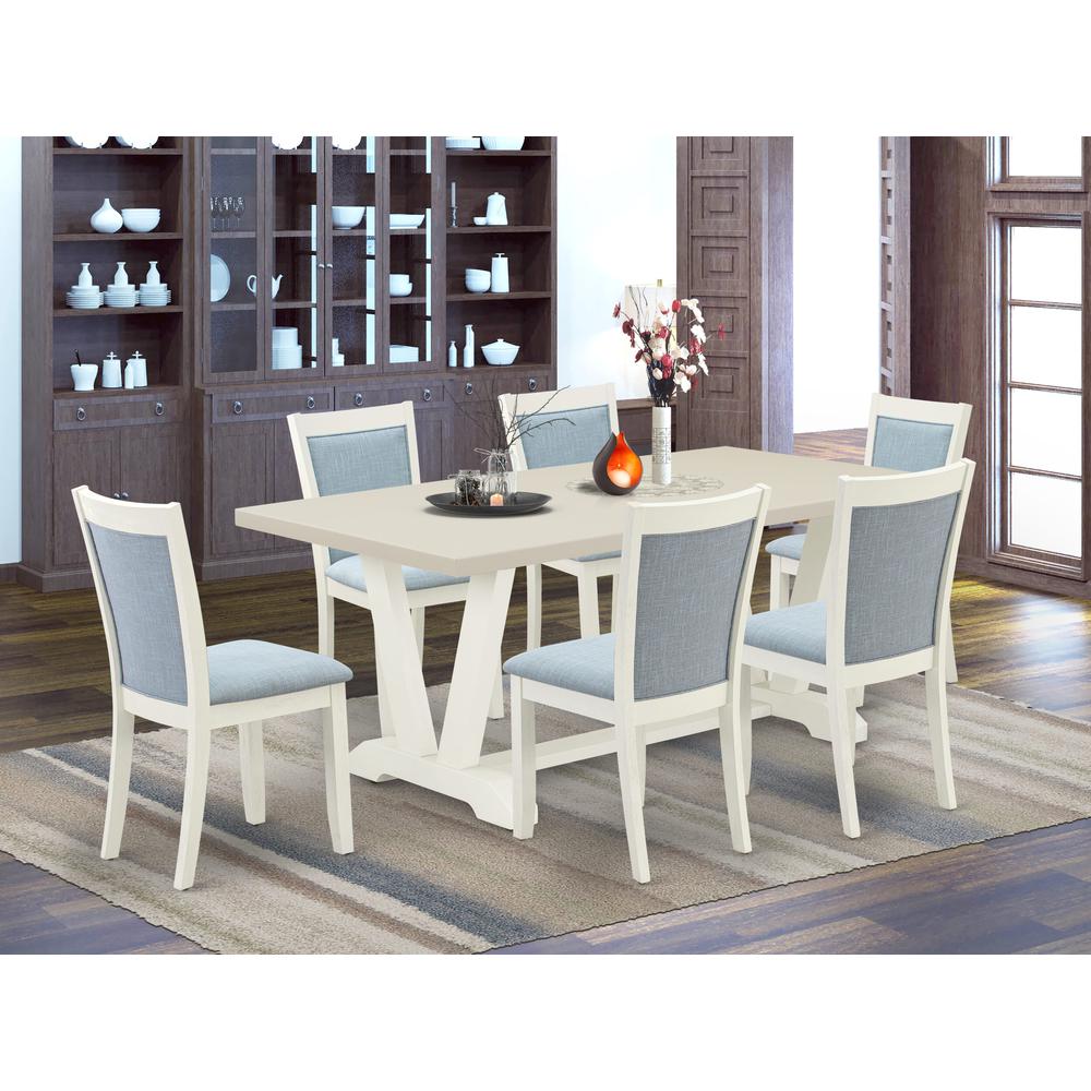 East West Furniture 7-Pc Kitchen Dining Table Set Includes a Dinning Table and 6 Baby Blue Linen Fabric Dining Chairs with Stylish Back - Wire Brushed Linen White Finish. Picture 1