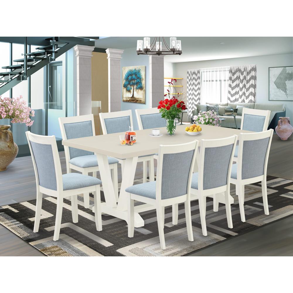 East West Furniture 9-Pc Dining Room Table Set Includes a Rectangular Table and 8 Baby Blue Linen Fabric Dining Chairs with Stylish Back - Wire Brushed Linen White Finish. Picture 1