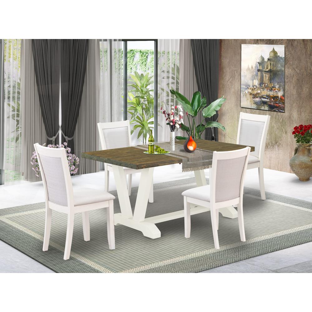 V076MZ001-5 5-Piece Kitchen Dining Table Set Consists of a Wood Table and 4 Cream Padded Chairs - Wire Brushed Linen White Finish. Picture 1