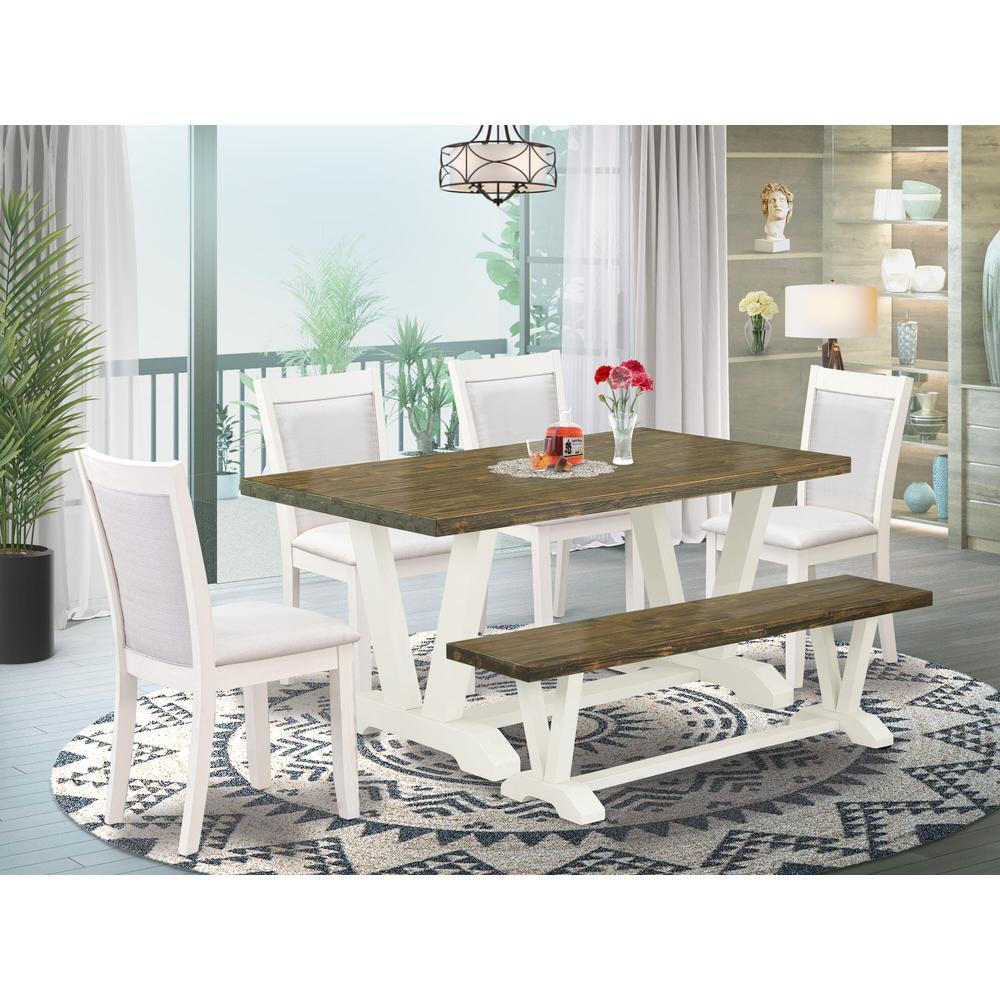 V076MZ001-6 6-Pc Table Set Consists of a Dining Table - 4 Cream Parson Chairs and a Small Bench - Wire Brushed Linen White Finish. Picture 1