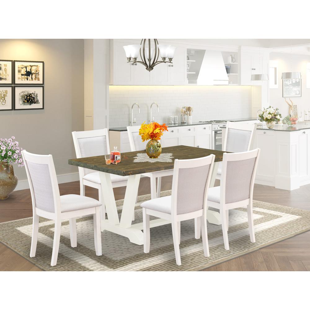 V076MZ001-7 7-Piece Dining Room Table Set Consists of a Wooden Table and 6 Cream Dinner Chairs - Wire Brushed Linen White Finish. Picture 1
