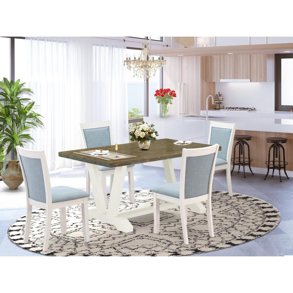 V076MZ015-5 5-Piece Modern Dining Set Consists of a Dining Table and 4 Baby Blue Parson Chairs - Wire Brushed Linen White Finish. Picture 1