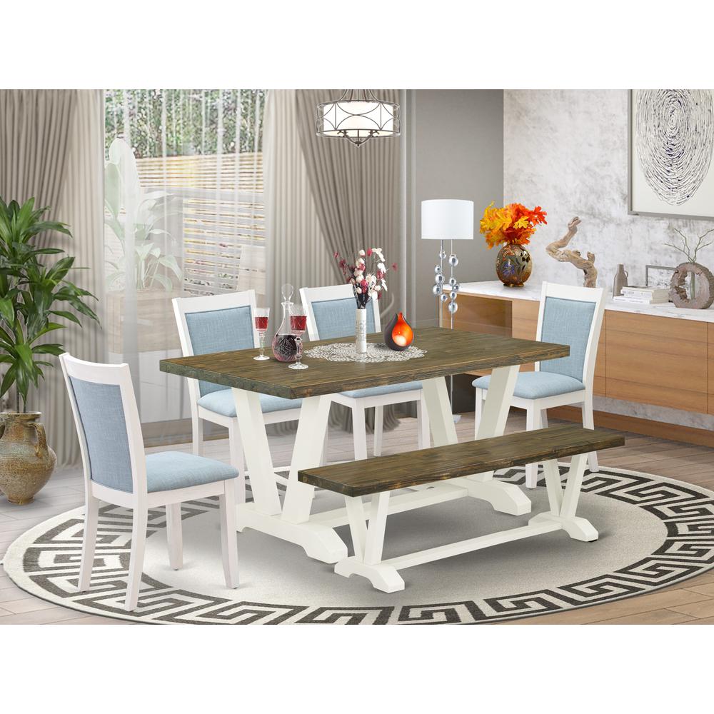 V076MZ015-6 6-Pc Dining Set Consists of a Wood Table - 4 Baby Blue Parson Chairs and a Bench - Wire Brushed Linen White Finish. Picture 1