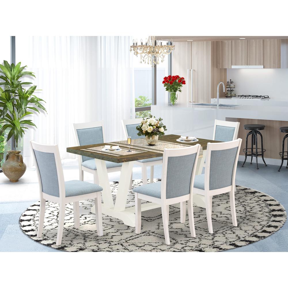 V076MZ015-7 7-Piece Dinner Table Set Consists of a Wooden Table and 6 Baby Blue Dining Chairs - Wire Brushed Linen White Finish. Picture 1