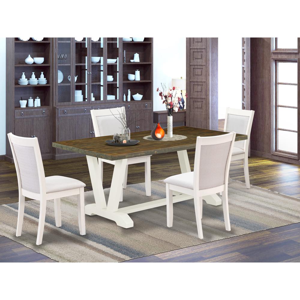 East West Furniture 5-Pc Dinner Table Set Contains a Rectangular Table and 4 Cream Linen Fabric Dining Chairs with Stylish Back - Wire Brushed Linen White Finish. Picture 1
