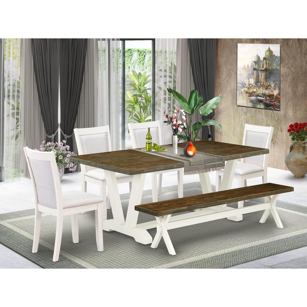 East West Furniture 6-Pc Dinner Table Set Contains a Wood Table - 4 Cream Linen Fabric Dining Chairs with Stylish Back and a Wood Bench - Wire Brushed Linen White Finish. Picture 1