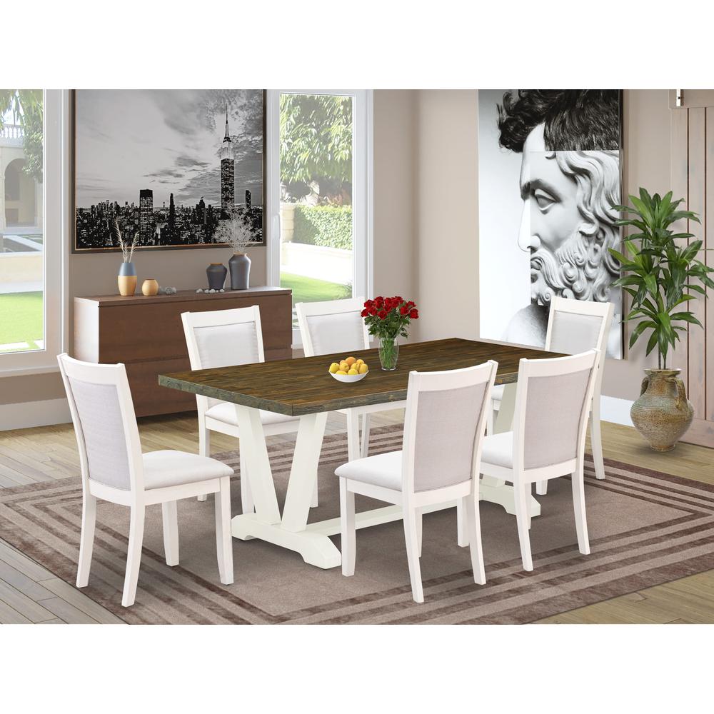 East West Furniture 7-Pc Dinette Set Contains a Wood Dining Table and 6 Cream Linen Fabric Parson Chairs with Stylish Back - Wire Brushed Linen White Finish. Picture 1