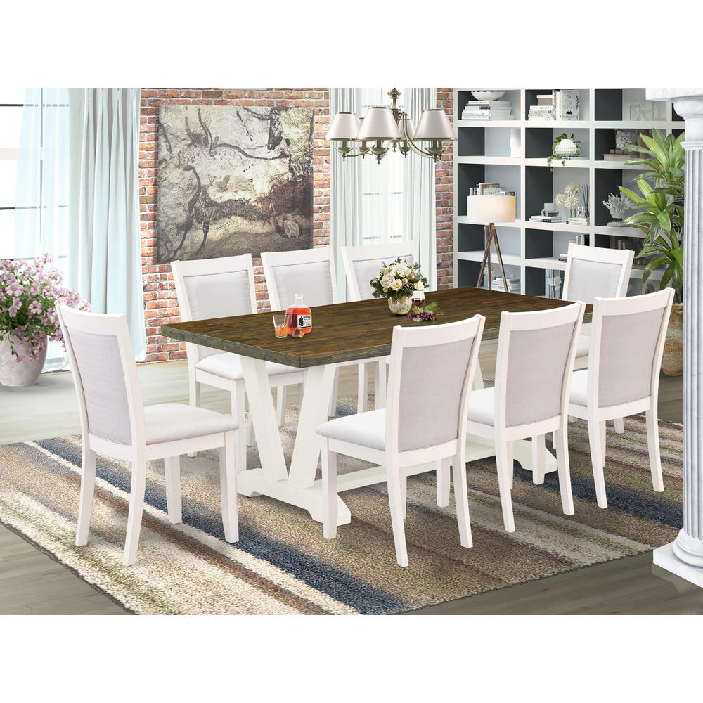 East West Furniture 9-Pc Dining Set Contains a Dining Table and 8 Cream Linen Fabric Dining Room Chairs with Stylish Back - Wire Brushed Linen White Finish. Picture 1