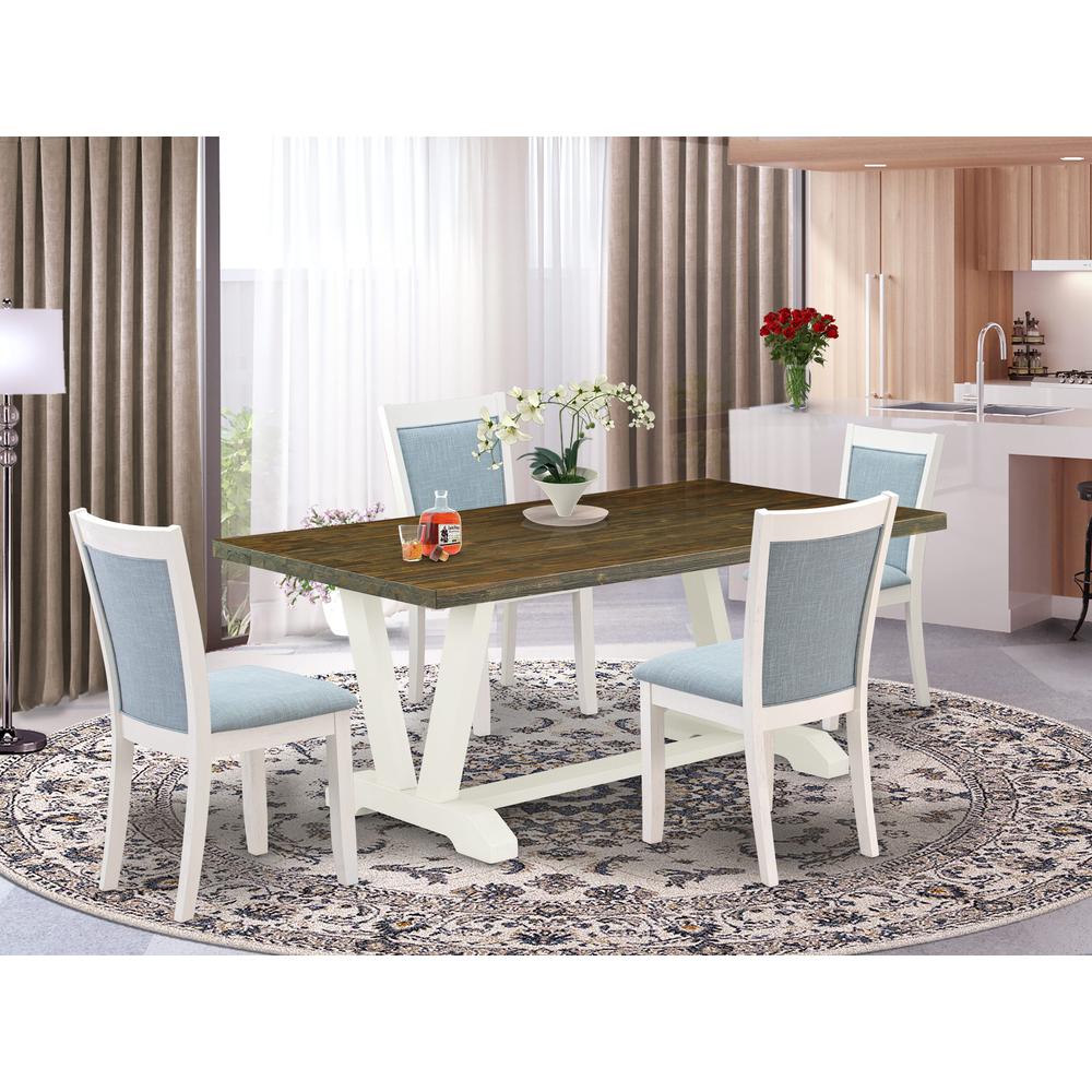 East West Furniture 5-Pc Kitchen Dining Table Set Contains a Dining Table and 4 Baby Blue Linen Fabric Upholstered Chairs with Stylish Back - Wire Brushed Linen White Finish. Picture 1