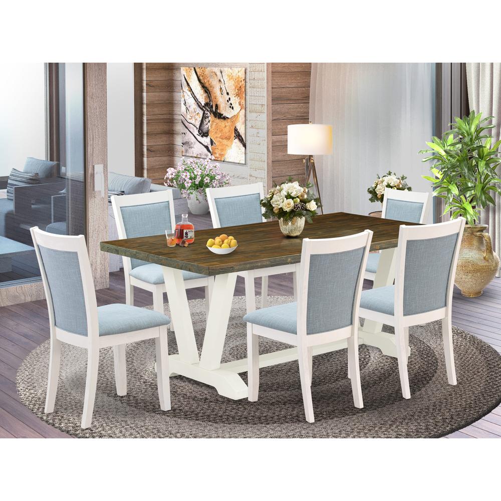 East West Furniture 7-Pc Dining Room Table Set Contains a Dining Table and 6 Baby Blue Linen Fabric Dining Room Chairs with Stylish Back - Wire Brushed Linen White Finish. Picture 1