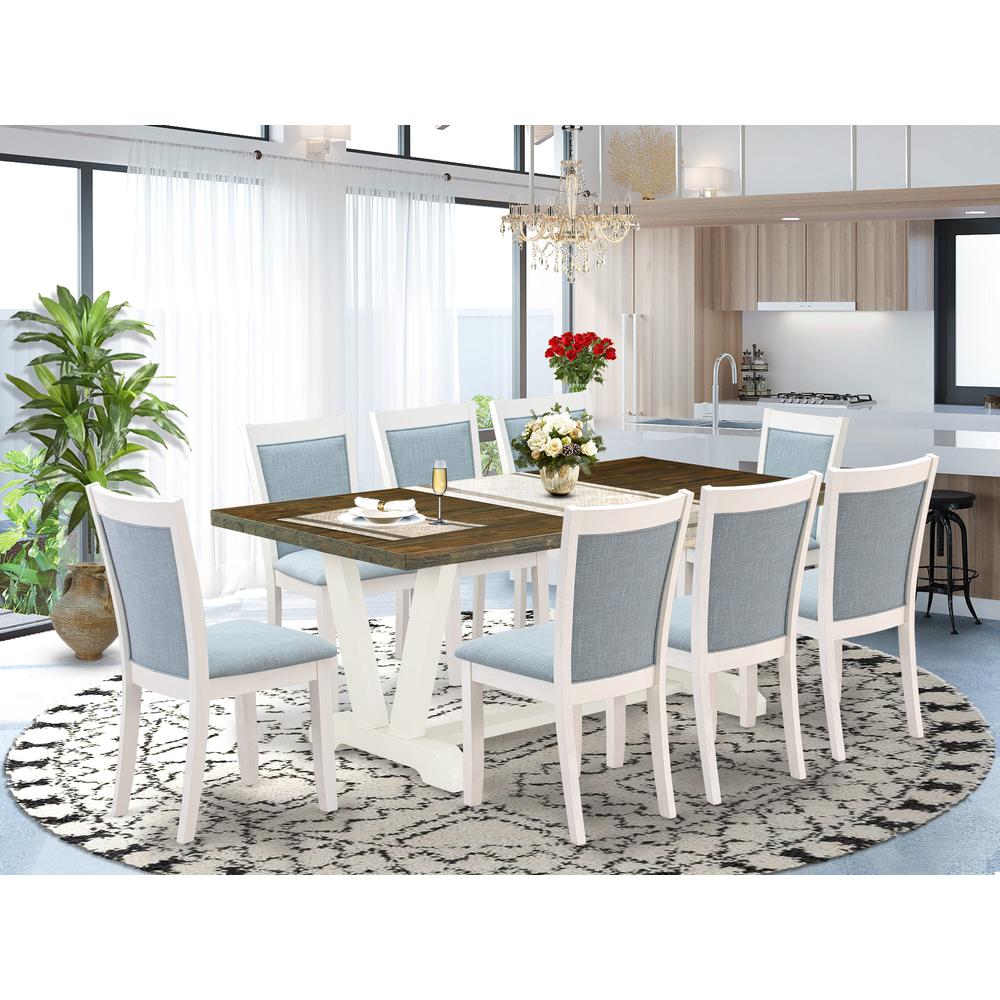 East West Furniture 9-Pc Dining Table Set Contains a Modern Table and 8 Baby Blue Linen Fabric Dining Chairs with Stylish Back - Wire Brushed Linen White Finish. Picture 1